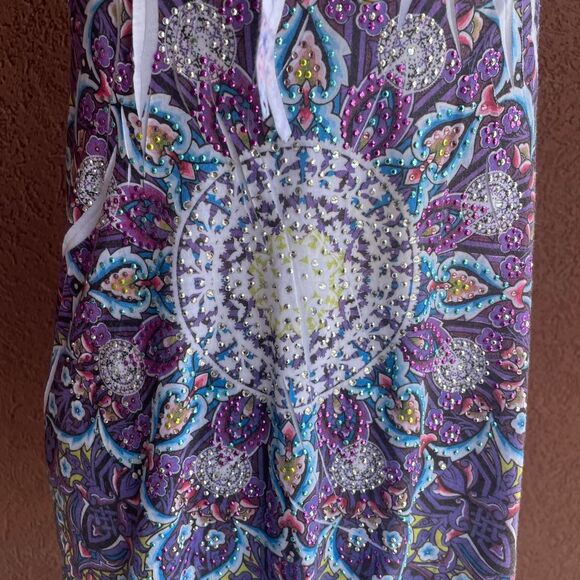 Y2K Purple/Blue Americana Tattoo Art Block Print Bedazled Mandala Mini Dress - Picture 3 of 8